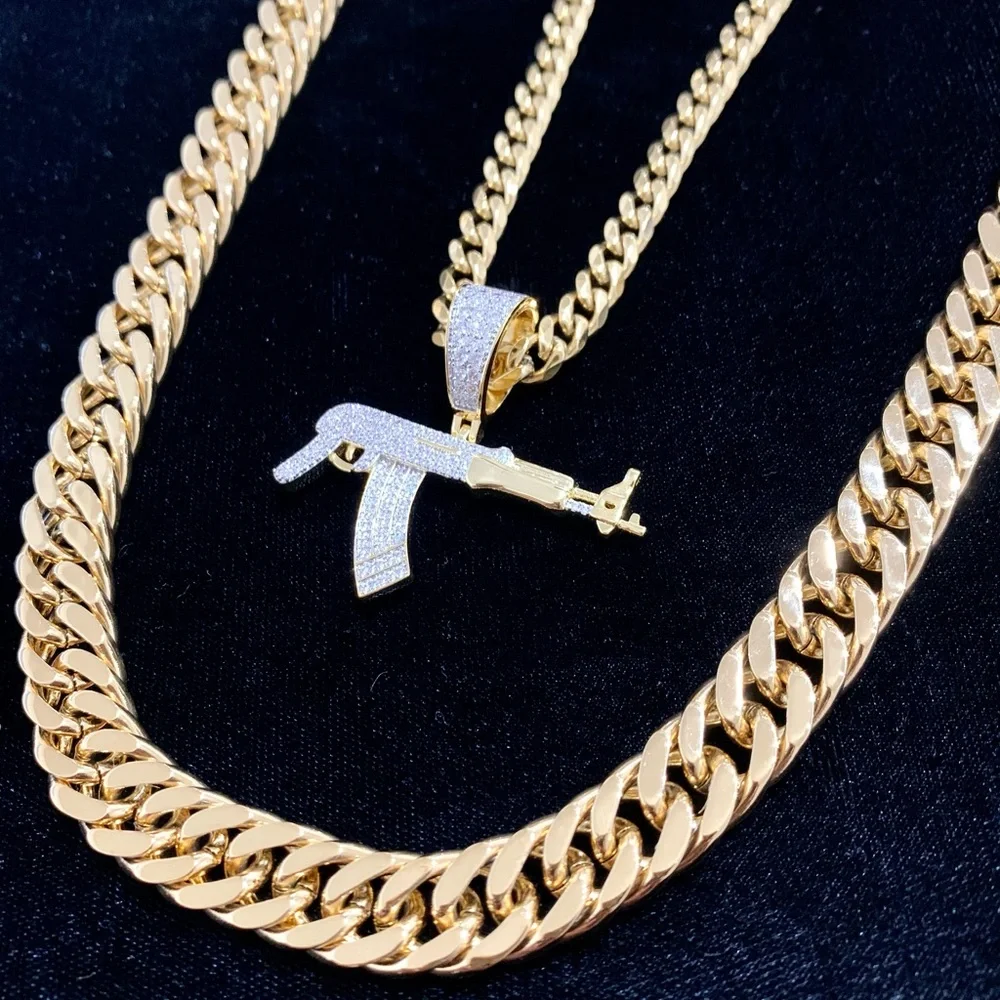 NEW 18K GOLD CUBAN LINK CHAIN AK 47 CHARM LAB DIAMONDS ITALY *LIFETIME WARRANTY*